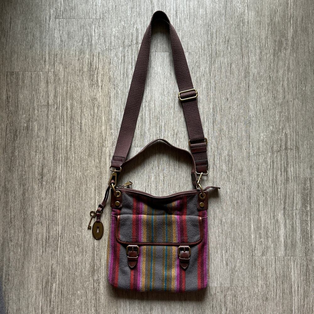 ✨ Fossil Multicolor Striped Wool Leather Crossbody Shoulder Bag Purse 12x12x1”